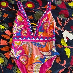 trina turk sevilla plunge swimsuit, multi color, brand new with tags